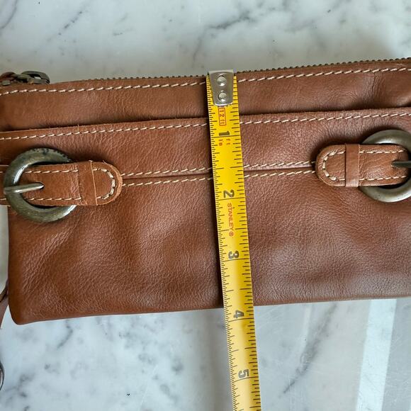 Fossil Genuine Leather Wallet Clutch Buckle Detail Tan Brown Polka Dot Lining - Picture 13 of 14